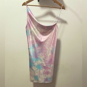 Frankies Bikinis S Slip Dress Mini Tie Dye Satin Cowl Drape Shift Sleeveless